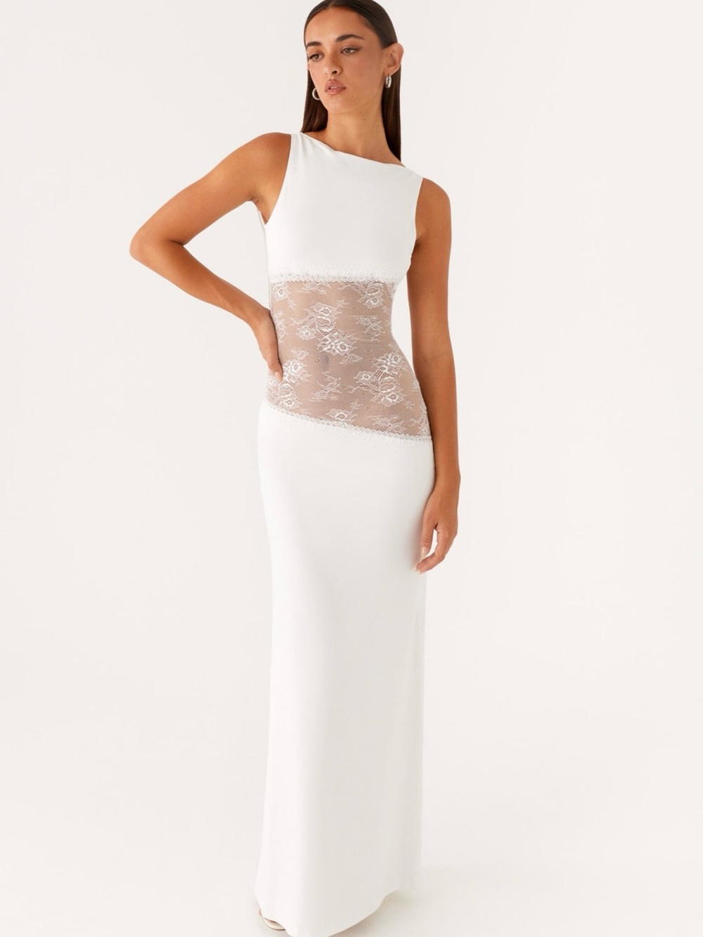 Peppermayo White Maxi Dress with Sheer Lace Midsection